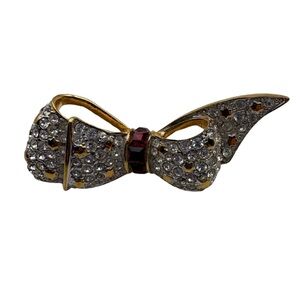 Vintage Brooch — Gold-Tone Rhinestone Bow Brooch with Red Accent